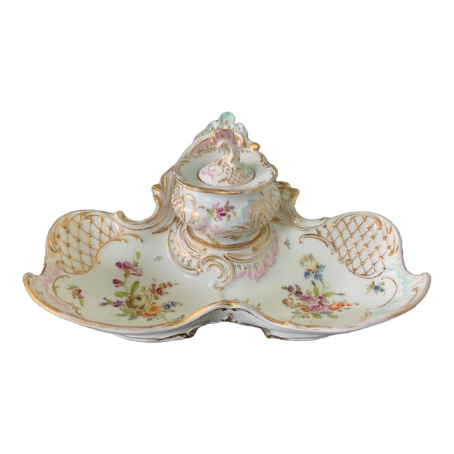 Antique Dresden Porcelain Inkwell & Pen Tray Handpainted For Sale