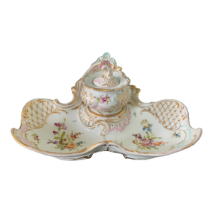 Antique Dresden Porcelain Inkwell & Pen Tray Handpainted