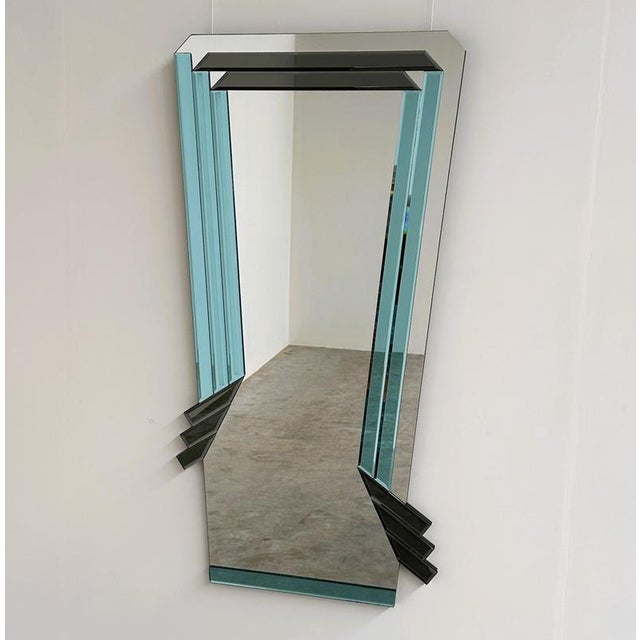 Glass Vintage Geometric Mirror in Blue and Dark Gray Smoked Glass, 1980s For Sale - Image 7 of 7
