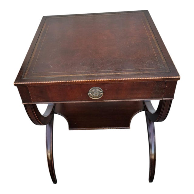 Traditional 1920s Antique Regency Mahogany Table Inlaid Leather Top 1 Drawer Stenciled Detail For Sale - Image 3 of 11