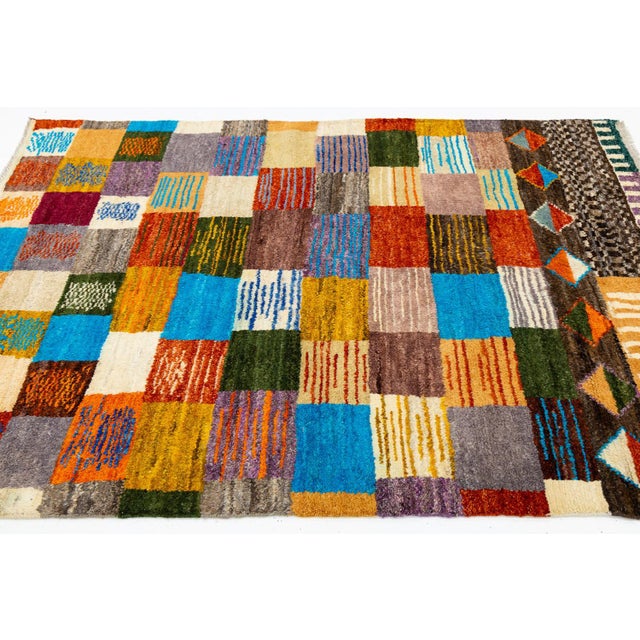 Modern Abstract Baluch Style Wool Rug - Vibrantly Colored Patchwork Checkerboard For Sale - Image 11 of 11