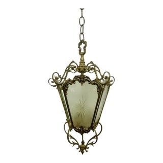 Vintage Spanish Rococo Style Etched Glass Wired Pendant Light For Sale