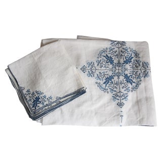 Hand-Embroidered Linen Tablecloth & Napkins - 9 For Sale