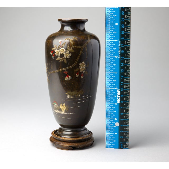 19th Century Japanese Meiji Bronze Vase, Mixed-Metal Inlay, Mandarin Ducks and Prunus, Signed, With Stand For Sale - Image 12 of 12