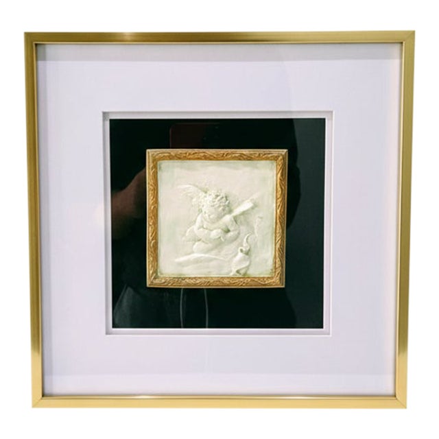 Vintage Chalkware Putto Relief Plaque With Ornate Gold Frame – Classical Winged Child Wall Art For Sale