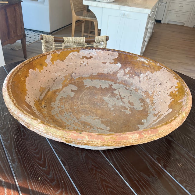 Vintage Oversized French Hand Thrown Mustard Brown Glazed Stoneware Terracotta Bowl. Vintage and possibly antique