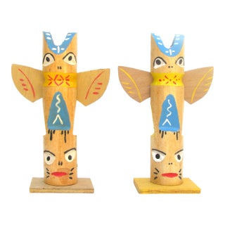 1960s Native American Souvenir Totem Pole Sculptures, Pair For Sale