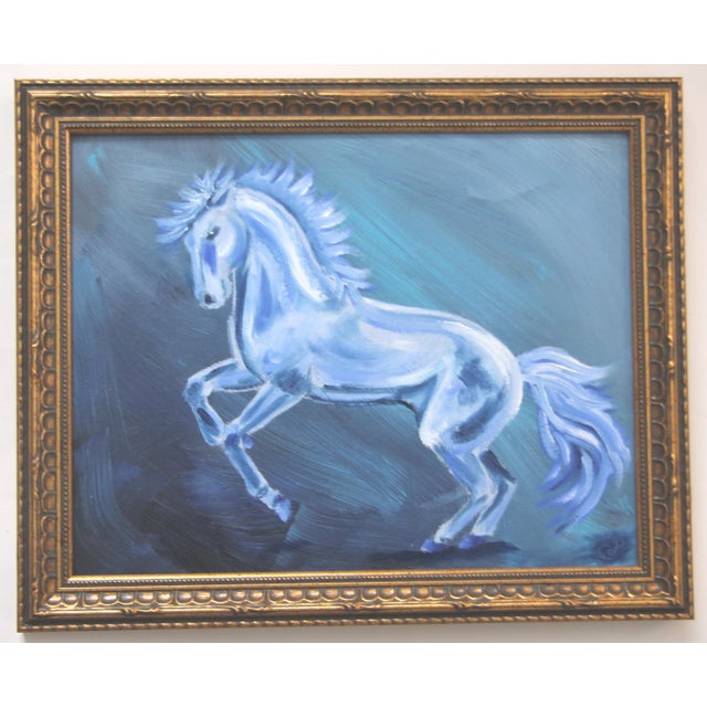 An elegant horse in shades of blue on a mottled blue landscape background.. Impressionism , Minimalism, Surrealism,...