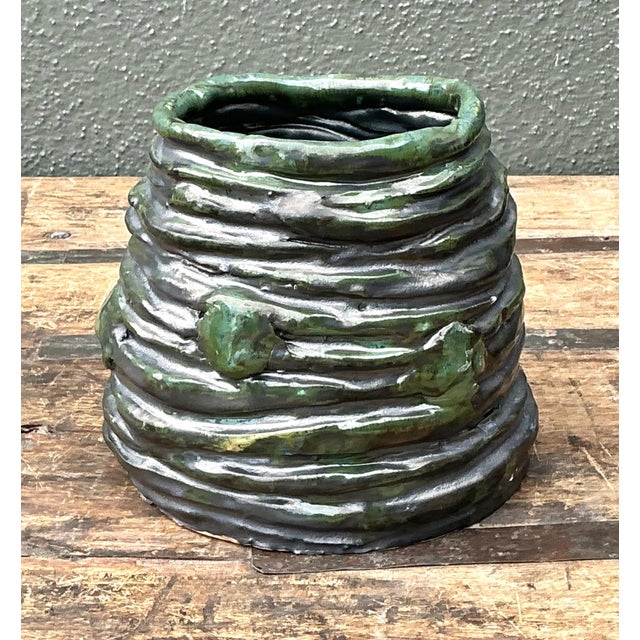 Vintage Abstract Green Glazed Ceramic Vase For Sale - Image 9 of 13