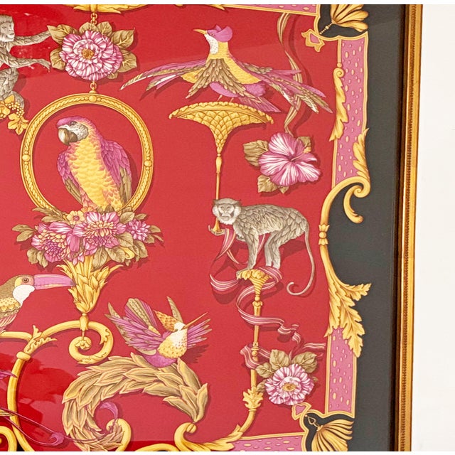 Salvatore Ferragamo Framed Salvatore Ferragamo Silk Scarf, Exotic Birds & Monkeys Maximalist Wall Art, Luxury Italian Fashion Decor, 37x37 Statement Home Decor For Sale - Image 4 of 6