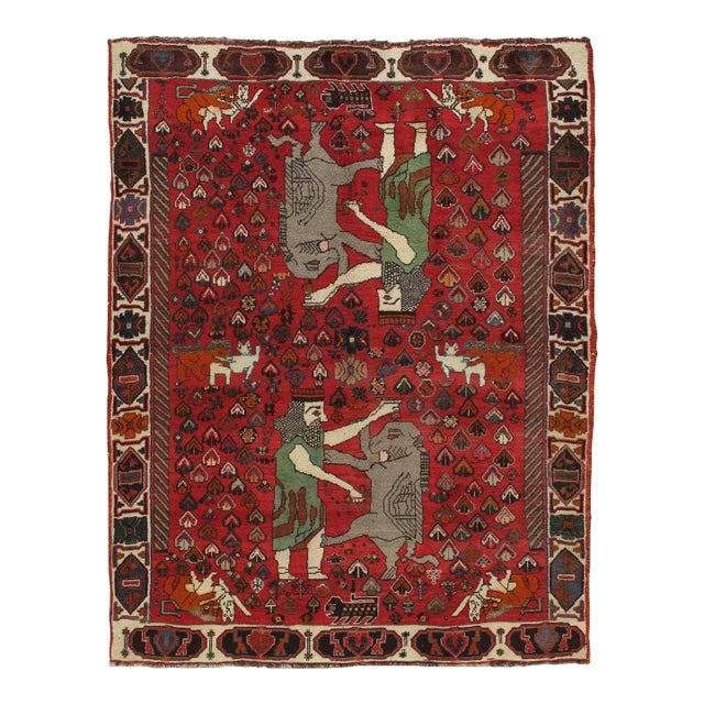 Vintage Shiraz Rug, Nomadic Handmade Wool Rug, Red, Green, Navy, Gray and Ivory For Sale