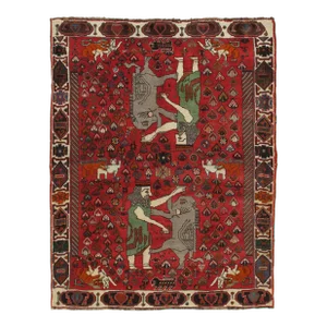 Vintage Shiraz Rug, Nomadic Handmade Wool Rug, Red, Green, Navy, Gray and Ivory