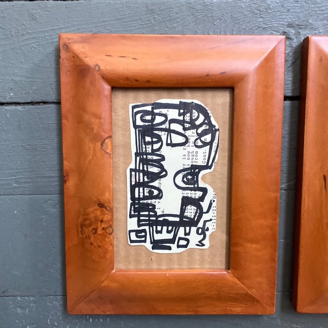 2 original approx 3 x 5 asymmetrical marker drawings done on vintage papers played down on wavy cardboard 1 signed Overall...