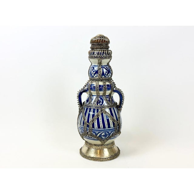 Mid-Century Moroccan Hand Painted Cobalt Ceramic Decanter with Wire Filigree Detailing, 1950s For Sale - Image 9 of 14