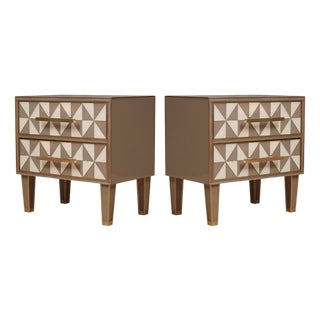 Square White and Dove-Gray Color Glass and Brass Nightstand, 2000, Set of 2 For Sale