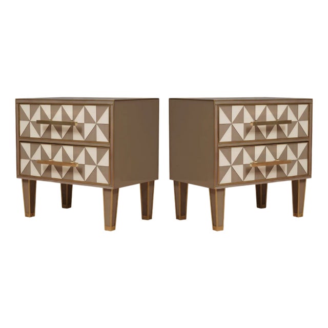 Square White and Dove-Gray Color Glass and Brass Nightstand, 2000, Set of 2 For Sale