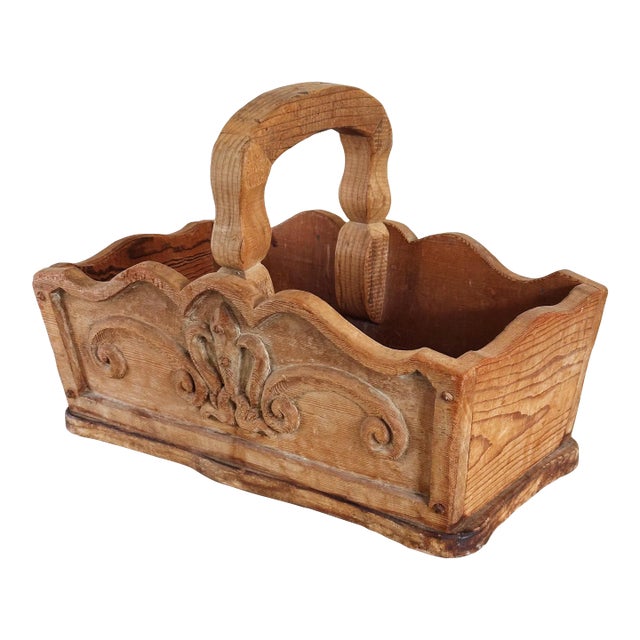 Antique French Country Hand Carved Basket in Heavily Grained Wood With Filigree Detail For Sale
