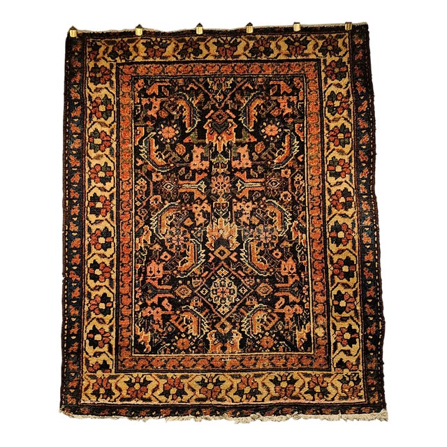Vintage Persian Malayer Area Rug, Handwoven All Over Geometric Design, Navy & Ivory, 4’ X 4’ For Sale
