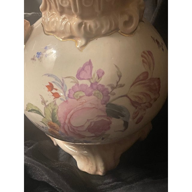Antique Victorian Ewer Pitcher Hand Painted Florals Gold Trim 11" Ruffled #409 For Sale - Image 6 of 11