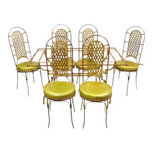 Mid 20th Century Vintage Italian Hollywood Regency Iron Gold Gilt Lattice Dining Set - 7 Pc Set