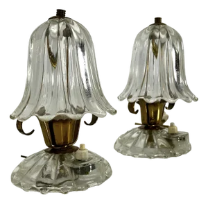 Mid-Century Murano Glass and Brass Table Lamps. 1940s by Ercole Barovier, Set of 2