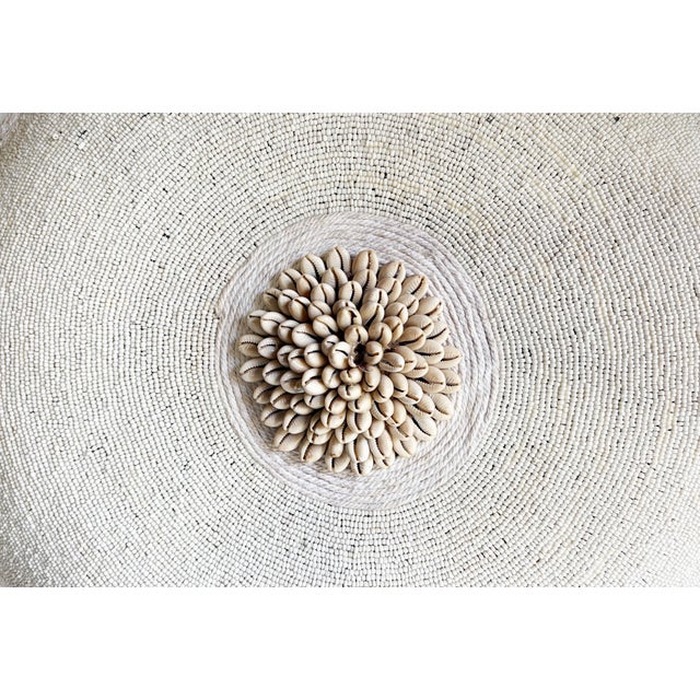 Vintage African Bamileke Tribe Beaded & Shell Round Wooden Shield 20" D For Sale - Image 4 of 5