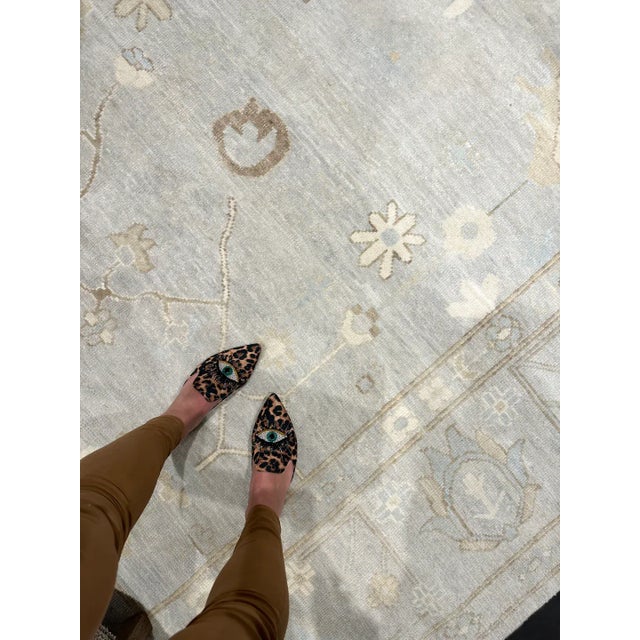 Muted Grey, Taupe and sky blue handknotted modern oushak rug As all of our rugs are made by hand, each may have slight...