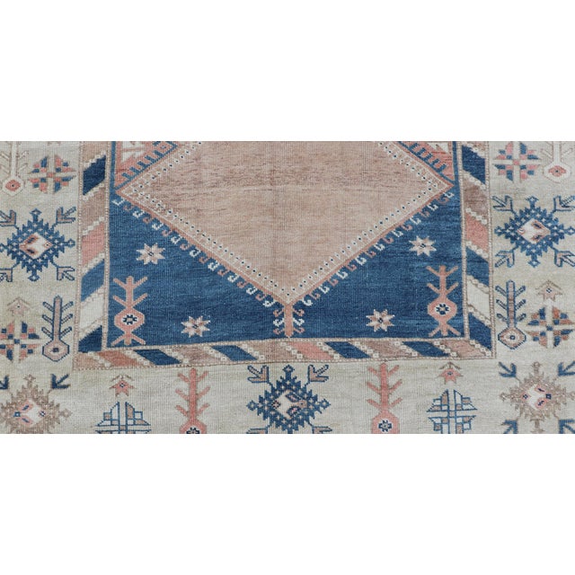 Vintage Turkish Oushak Rug With Elegant Blue and Soft Peach Motifs 5'7 X 7'8 For Sale In Atlanta - Image 6 of 10