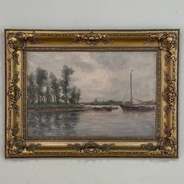 19th Century Belgian Oil on Canvas Painting of Riverboats by Romain Steppe in Original Gilt Frame For Sale In Dallas - Image 6 of 16