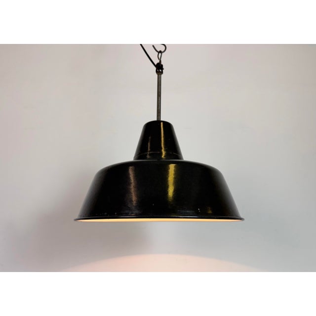 Industrial Black Enamel Factory Lamp with Iron Top, 1950s For Sale - Image 9 of 18