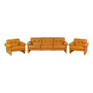 Vintage Coronado Brown Leather Living Room Set by Tobia Scarpa for C&C Italia, 1970s, Set of 3 For Sale