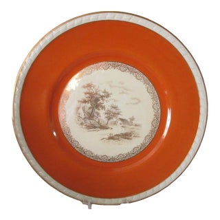 Circa 1940s Charles Arenfeldt Limoges Pastoral Cottages Orange With Gold Trim Plate For Sale