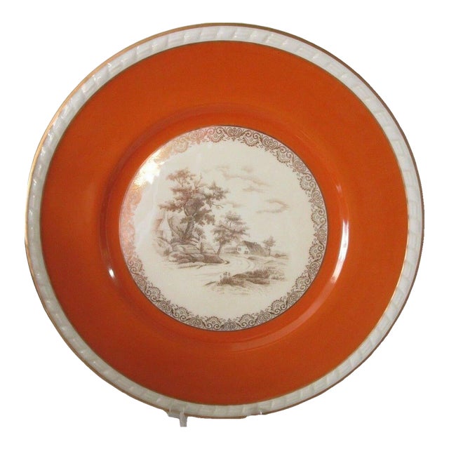 Circa 1940s Charles Arenfeldt Limoges Pastoral Cottages Orange With Gold Trim Plate For Sale