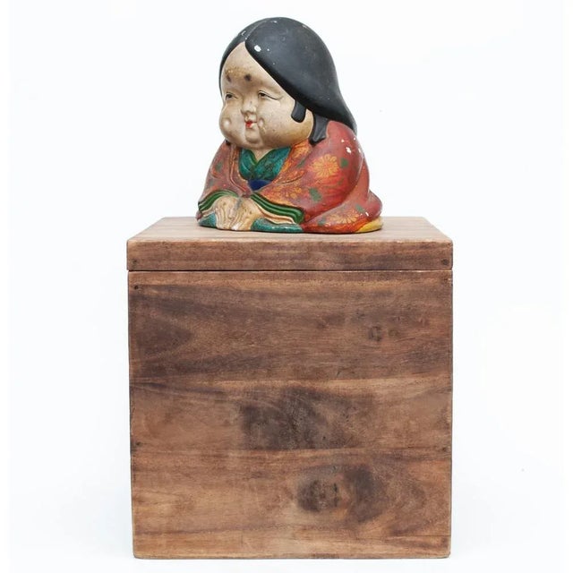 Japanese Meiji Era Otafuku Girl Figurine on Wood Stand For Sale - Image 3 of 13