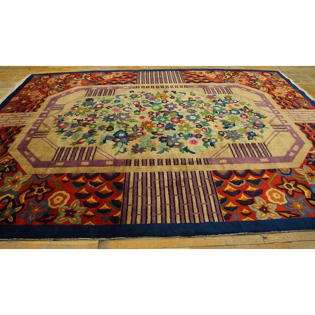 1920s Tan Camel Floral Antique Chinese Art Deco Rug 8' 9" X 11' 6" Handknotted Wool Carpet For Sale - Image 4 of 11