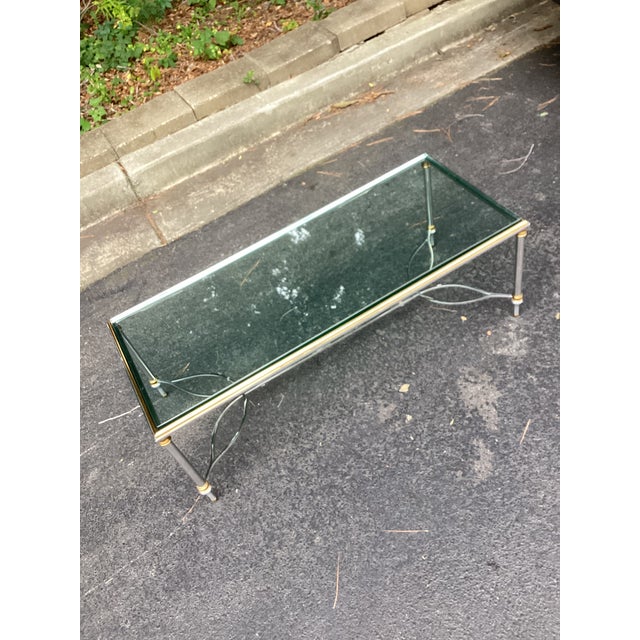 Silver Vintage Maison Jansen Style Steel and Brass Glass Top Coffee Table For Sale - Image 8 of 9
