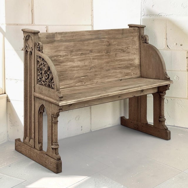 Gothic 19th Century Gothic Revival Stripped Oak & Fruitwood Deacon’s Bench For Sale - Image 3 of 18