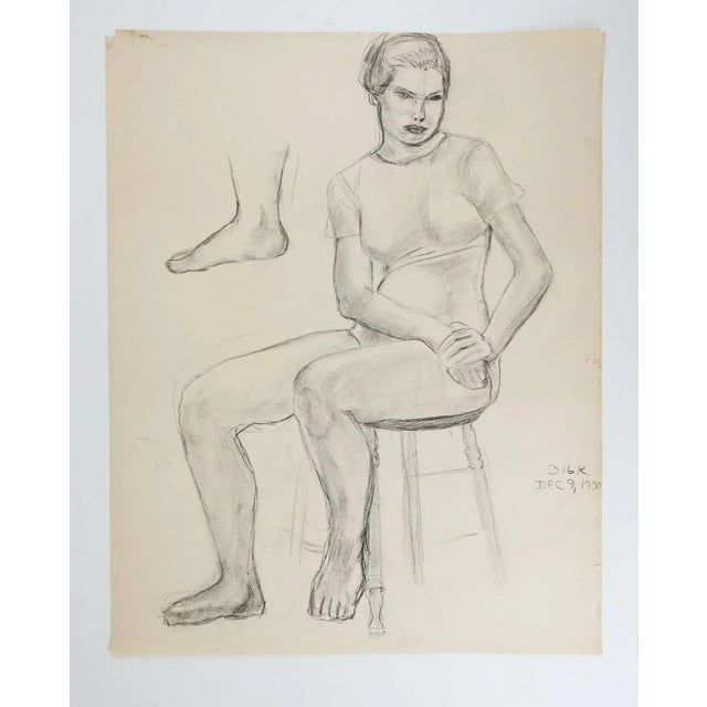 Vintage 1950 charcoal on paper portrait study drawing of woman by Geneva Flores Hart (1906-2008) Texas. Unsigned, dated...