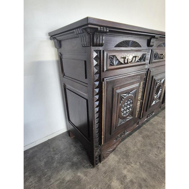 Breton Sideboard with Four Doors in Carved Oak and Brass For Sale - Image 6 of 10