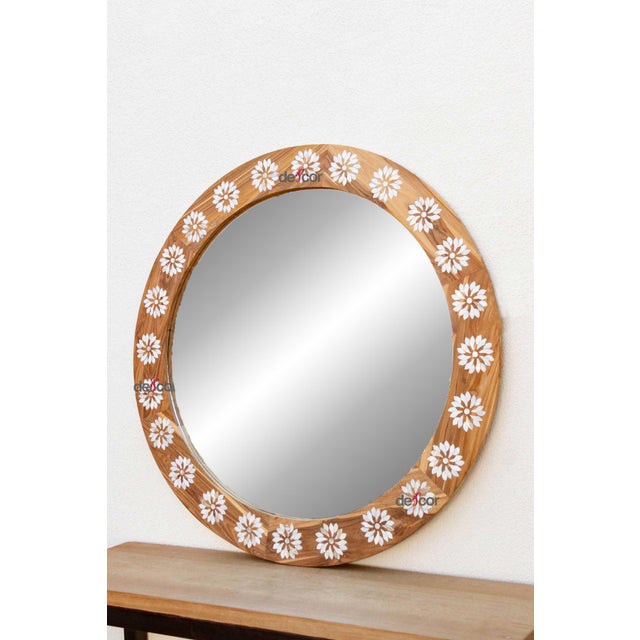 Wood Large Teak Mother of Pearl Inlay Round Mirror For Sale - Image 7 of 8