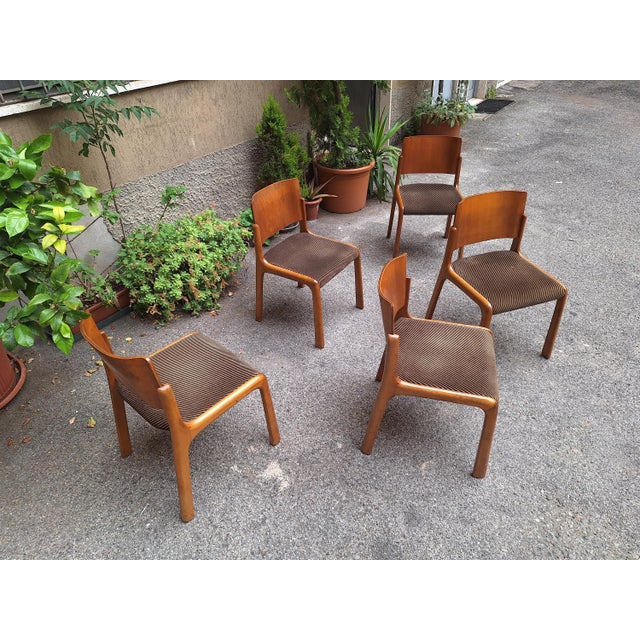 Vintage Chairs in Light Wood and Fabric Seat with Curved Backrest, 1960s, Set of 5 For Sale - Image 11 of 12