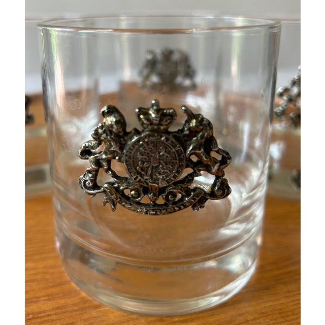 Mid-Century Modern Late 20th Century Hollywood Regency Whiskey Glasses With Metal Crest- Set of 4 For Sale - Image 3 of 8