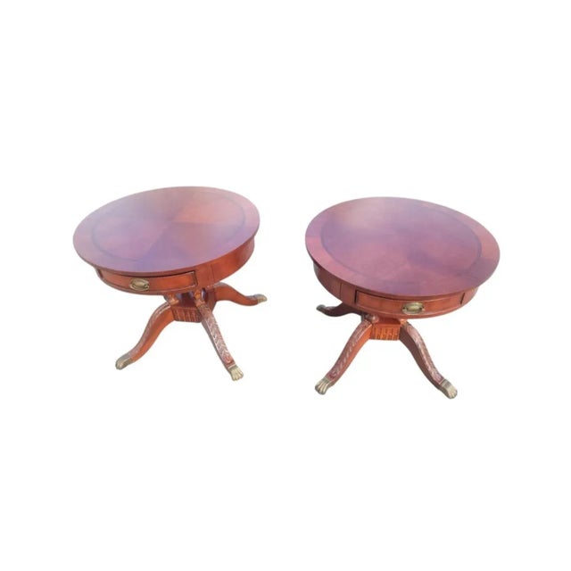 Wood Late 20th Century Georgian Banded Inlaid Cherry Drum Side Tables, a Pair For Sale - Image 7 of 10