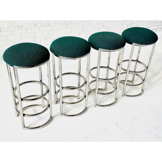 Art Deco Chrome and Boucle Chase Bar Stools, 1930’s. Newly reupholstered in boucle. Measure 31” tall 15” diameter