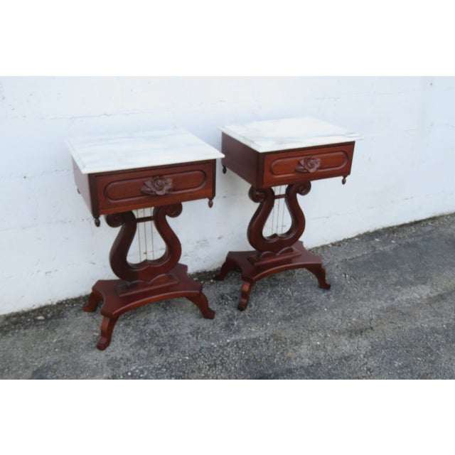 Mid 20th Century Victorian Style Marble Top Harp Design Side End Tables Nightstands a Pair For Sale - Image 13 of 18