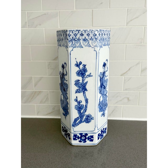 1970s Vintage Chinese Blue & White Porcelain Octagon Vase - 11.25” Tall For Sale - Image 5 of 9