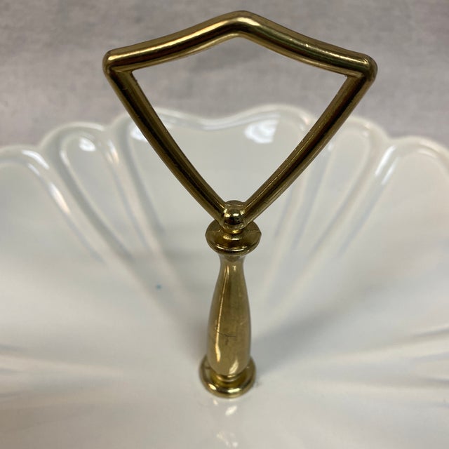 Vintage California Pottery Cream White Relish Dish Tray With Gold Metal Handle For Sale - Image 12 of 12