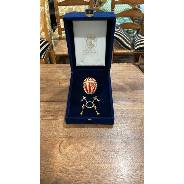 Metal Ornate Red & Gold Fabergé Egg Trinket Box For Sale - Image 7 of 8