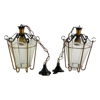 Pendant Lamps in Brass and Murano Glass, 1950s, Set of 2 For Sale