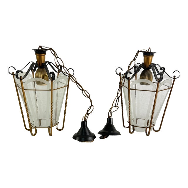 Pendant Lamps in Brass and Murano Glass, 1950s, Set of 2 For Sale